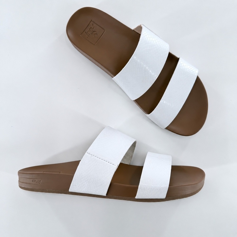 Reef Cushion Vista Sandals Boho White Snakeskin Double Strap Slide Size 6 Vegan